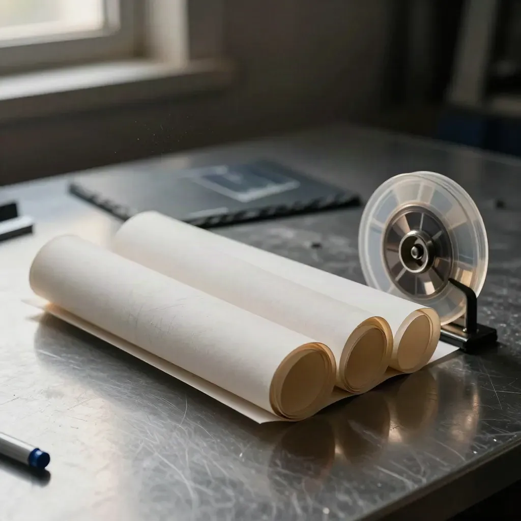 Rol storyboard, tape en stalen papiergewicht op geborsteld staal in dramatisch licht.