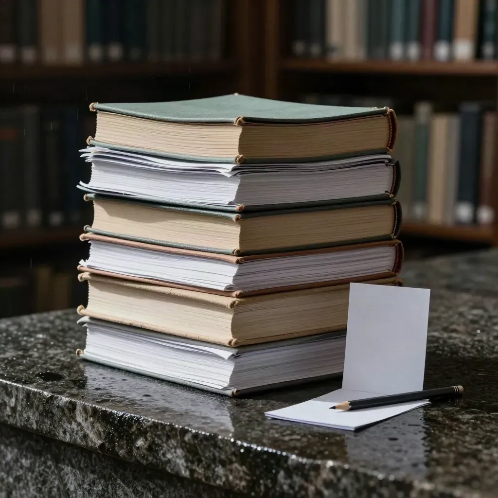 Thesisdocumenten, boeken en paperclips op een natte stenen sokkel in zacht daglicht