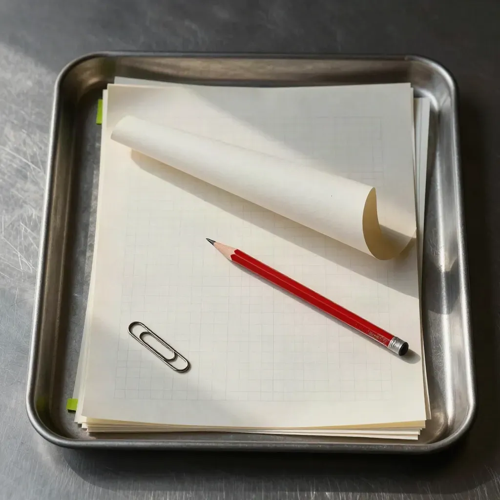 Bovenaanzicht van proefvellen, rood correctiepennetje, paperclips en metalen bak op staal.