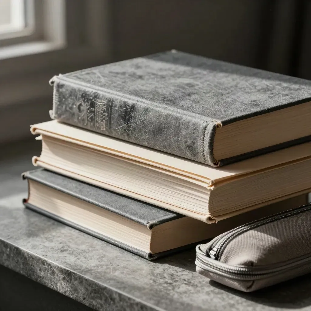 Close-up van drie hardcovers, een tabbladmap en etui op matte steen in zacht licht