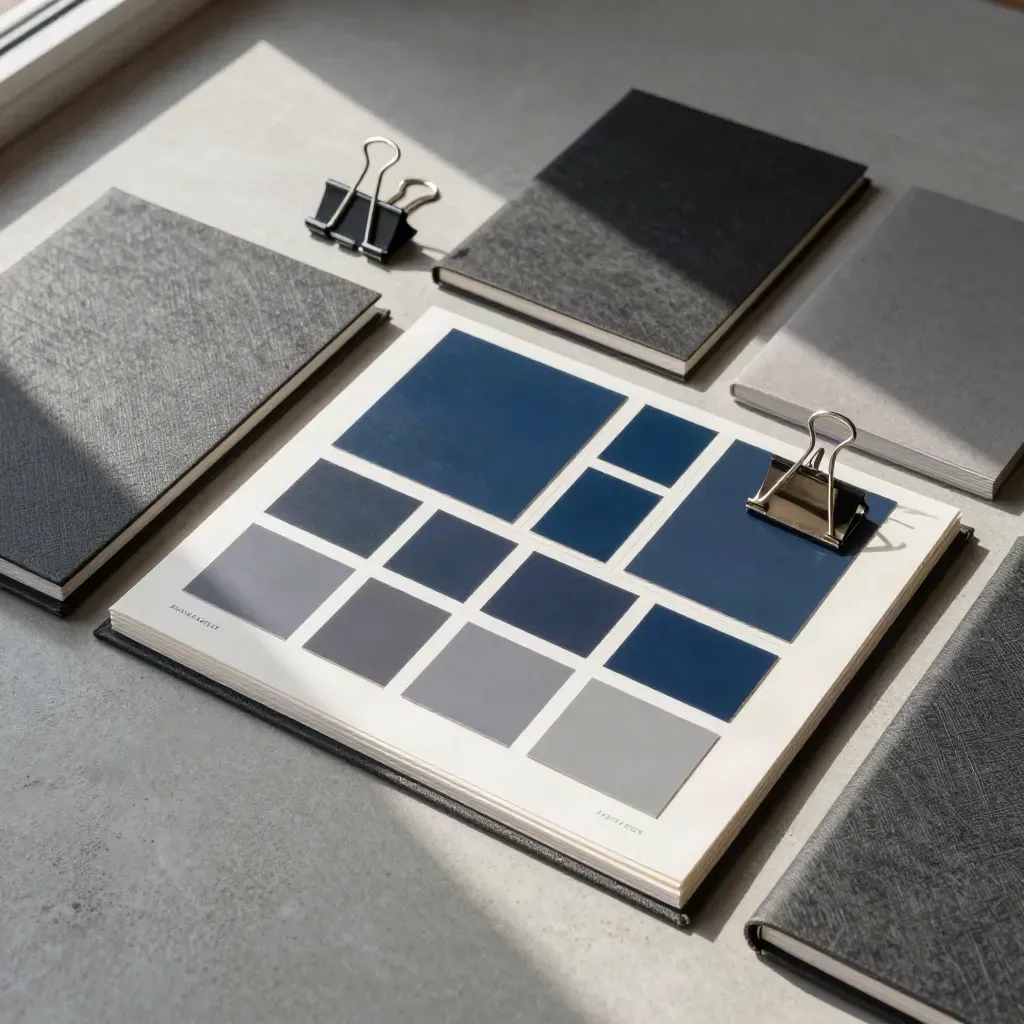 Flatlay van agency sampleboards, swatches en binders op licht beton.