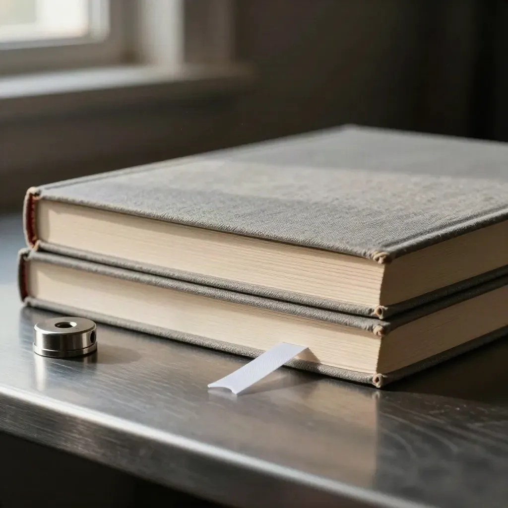 Twee grijze boeken met witte linten en een stalen boekgewicht op metaal.