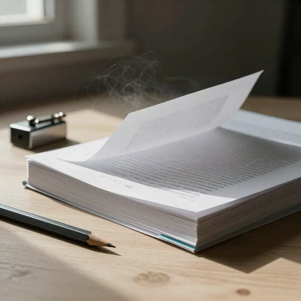 Manuscriptproeven met potlood en paperweight, bladhoek licht opgetild in zacht studiolicht.