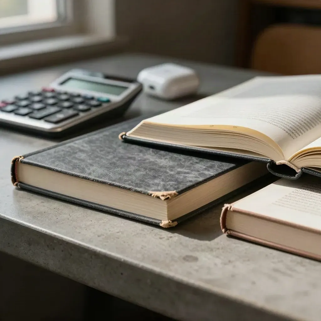 Studieboeken, notitieboeken, rekenmachine en oortjes op een betonnen tafel