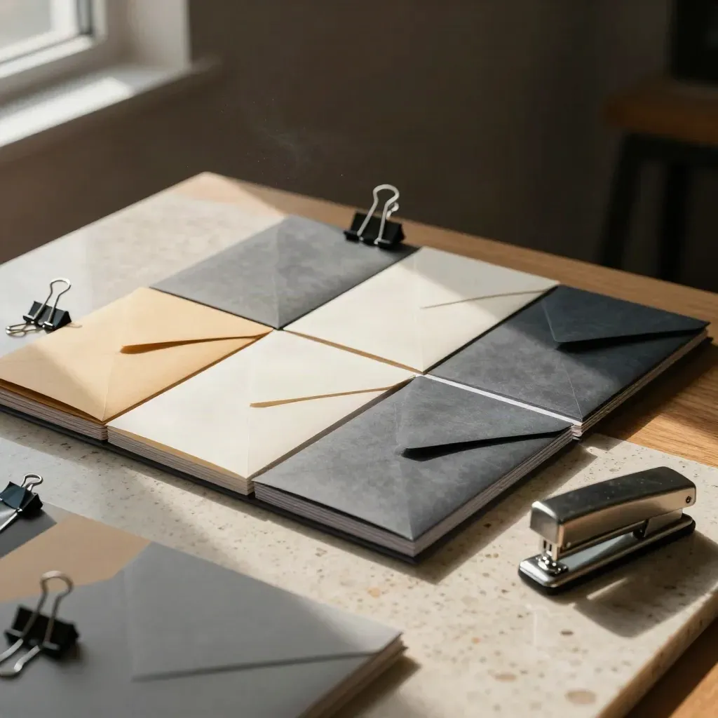 Mapjes, papierstalen, klemmen en nietmachine op travertin met zachte envelope-blur.