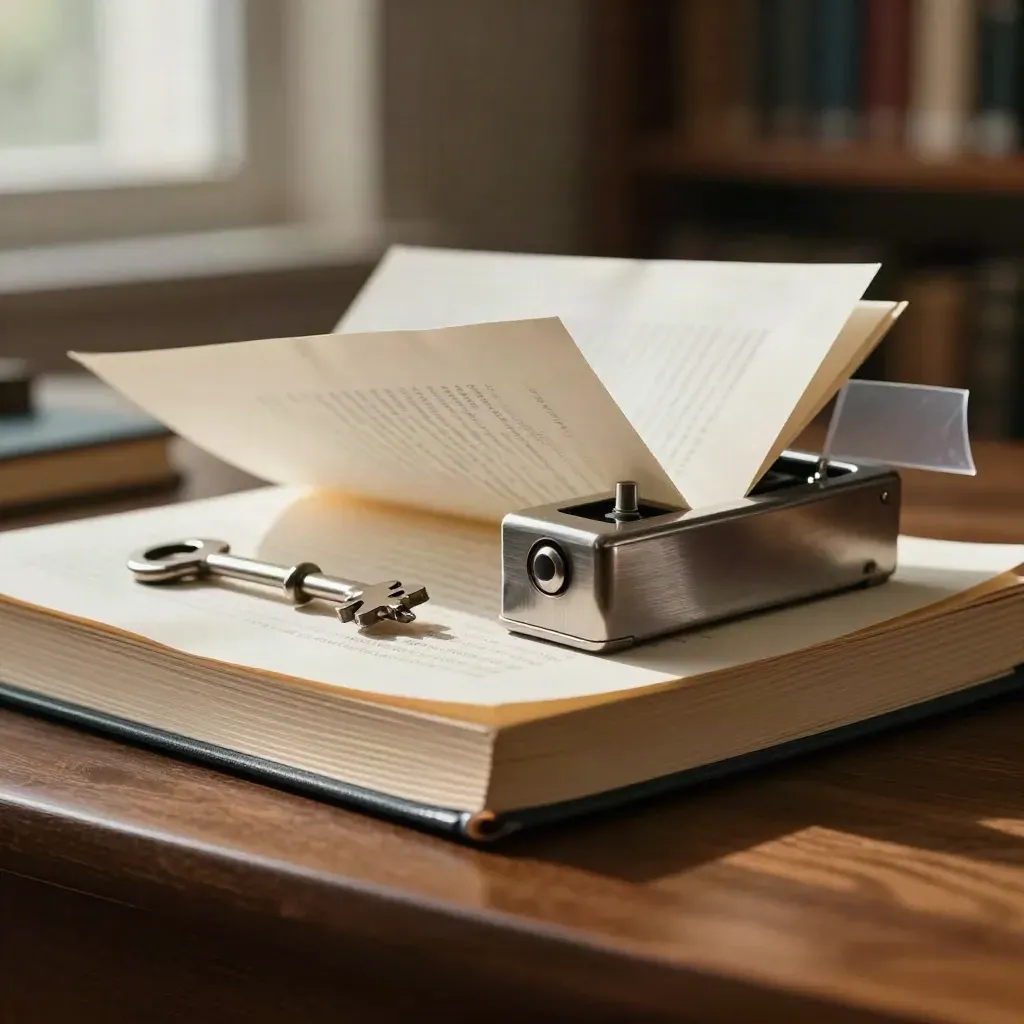 Thesis met bronboek, tabjes en stalen papiergewicht op warme houten ondergrond.