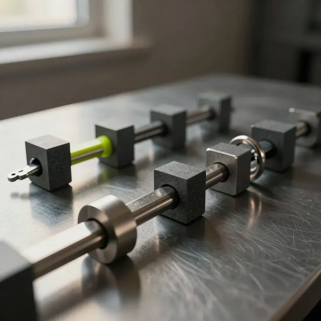 Metalen ringen, blokken en een connectorrail op staal met een subtiel lime accent.