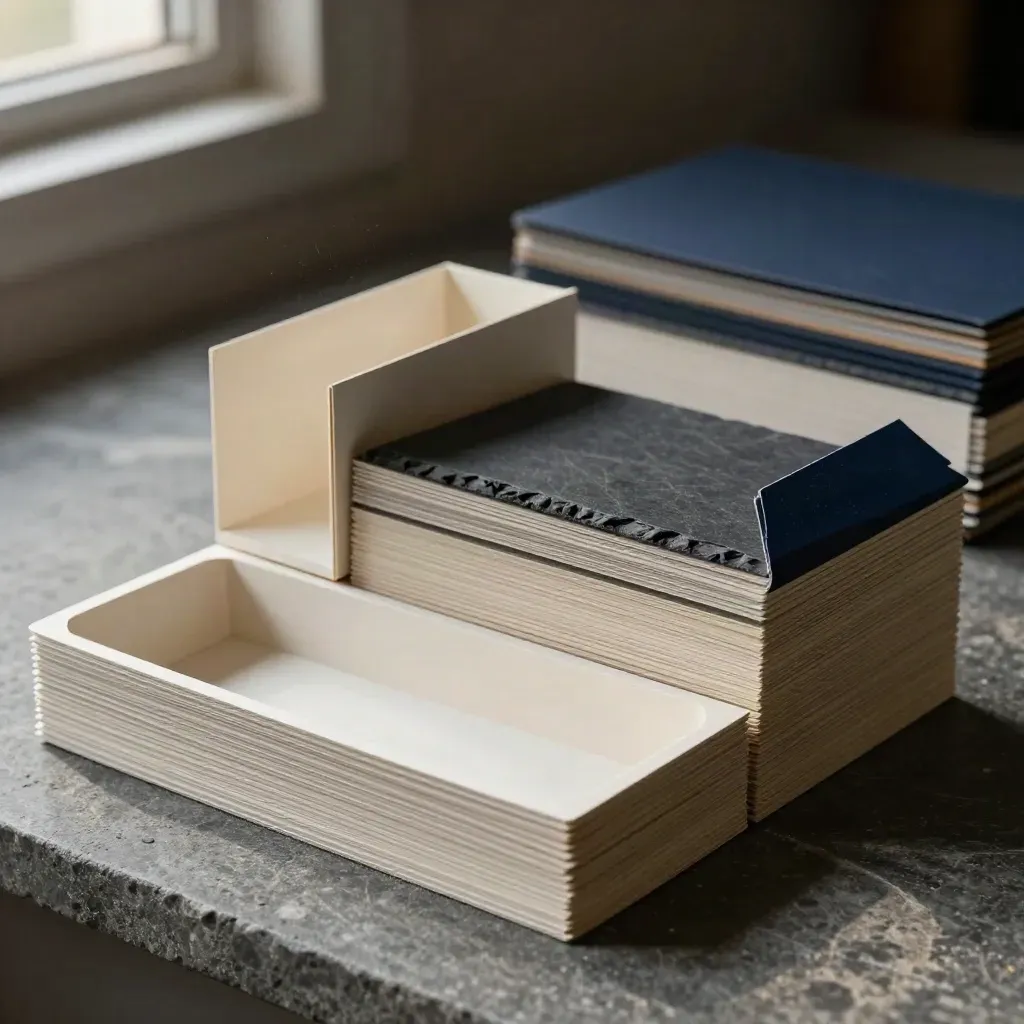 Papieren modules en kaartdividers op steen met navy accent in zacht macrolicht.