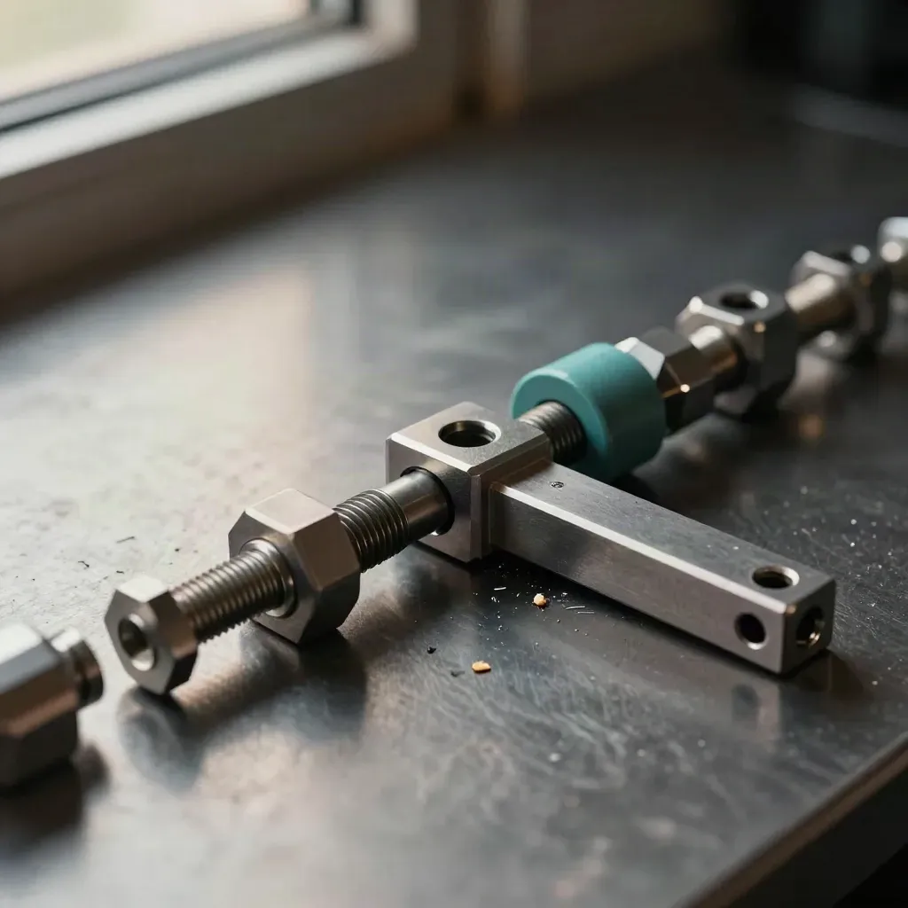 Rij precisie-railverbindingen, bouten en snap-fit connectors op geborsteld metaal met teal accent.